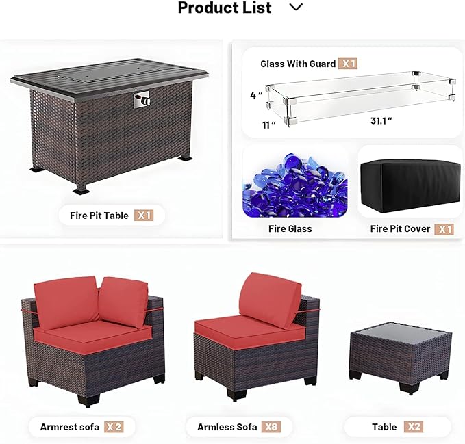 Kullavik 15 Pieces Outdoor Patio Furniture Set with 43" Gas Propane Fire Pit Table PE Wicker Rattan Sectional Sofa Patio Conversation Sets,Red Cushions