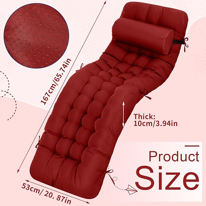 Tudomro 66'' Outdoor Chaise Lounge Cushion Waterproof Patio Lawn Pool Chaise Lounge Cushion with Headrest Pillow & Ties Weather Fade Resistant Replacement Longue Chair Pad