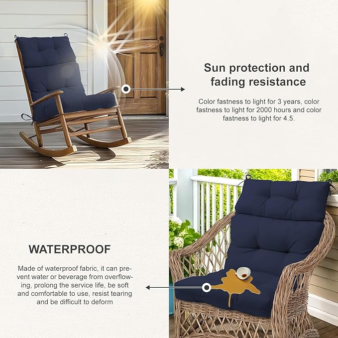 Outdoor High Back Chair Cushions 2-Pack, 44"x22"x 4" Fade-Resistant Waterproof Tufted Pads with Ties for Patio Rocking & Adirondack Chairs (Navy Blue)