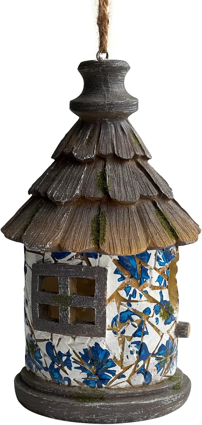 Bird House for Outdoor with Pole Garden Decor Hanging Birdhouses Weatherproof BirdNest for Outside Bluebird, Finch, Wren, Chickadee, Wild Birds Big Size Resin White Bule