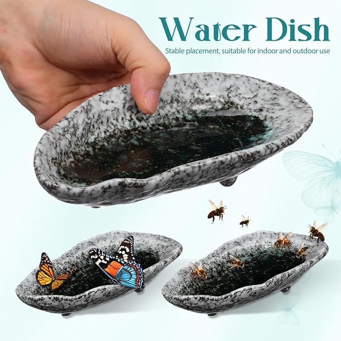 Butterfly Puddler Garden Stone, 8.25inch Outdoor Butterfly Feeder Bee Watering Station Ceramic Bird Bath Water Food Holder for Feeding for Yard Lawn Decoration