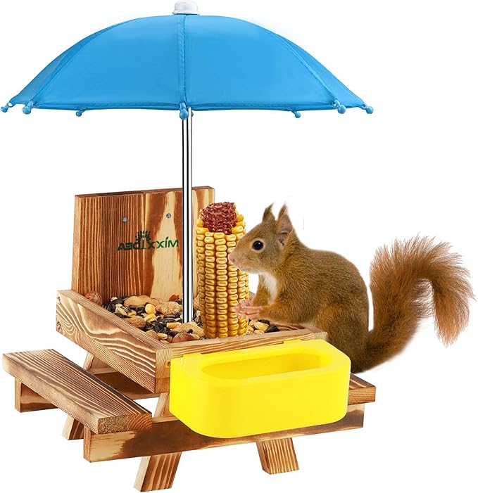 MIXXIDEA Wooden Squirrel Feeder Table with Water Bowl, Squirrel Picnic Table for Outside with Umbrella, Brown Squirrel Feeder with Corn Cob Holder Cute Chipmunk Feeder (Blue)