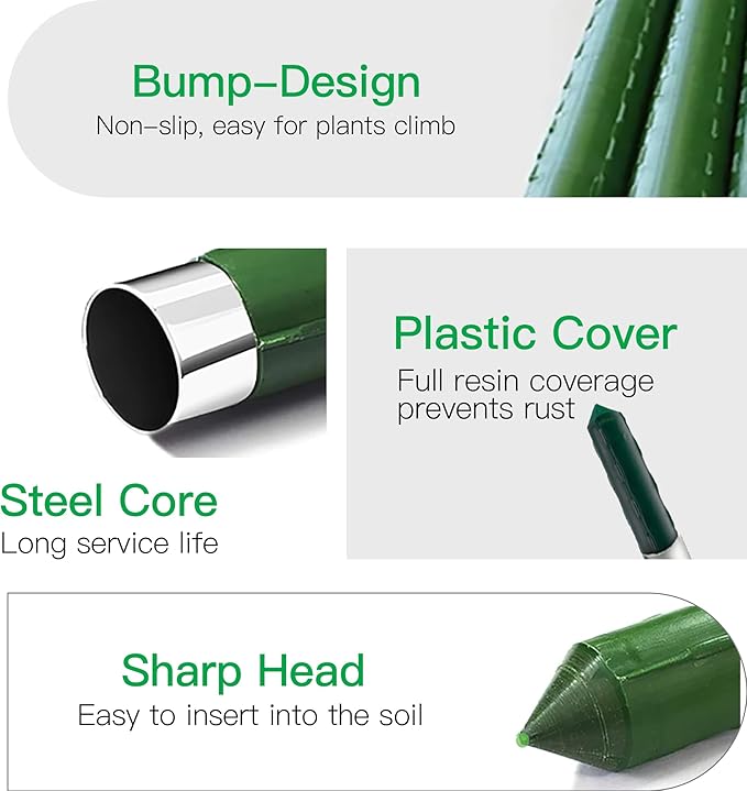 Garden Stakes 24 Inch, 2ft Metal Plant Stakes 30 Pack for Gardening and Farm, Plastic Coated Plant Support for Tomato, Cucumber, Bean, Flower, Potted More Climbing Plants