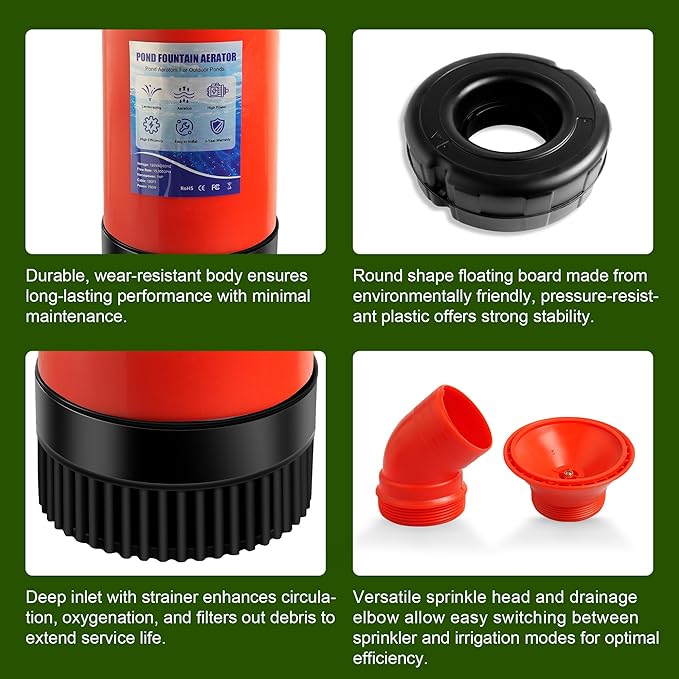 Pond Fountain Aerator 750W, 1HP 15000 GPH Floating Aerating Pump, 120ft Power Cord for Small & Large Ponds & Lakes (120V)