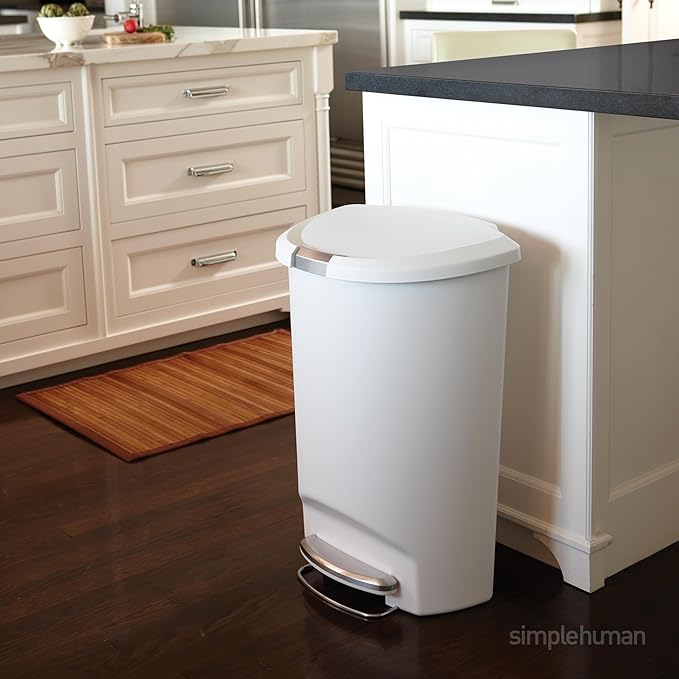 simplehuman 50 Liter Semi-Round Hands-Free Kitchen Step Soft-Close Lid Trash Can, White
