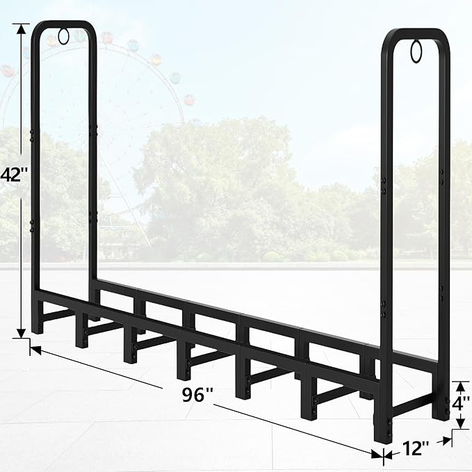 Amagabeli 8ft Firewood Log Rack Outdoor Heavy Duty Logs Holder for Fireplace Indoor Outdoor Adjustable Wood Racks for Fire Wood Holder Metal Pile Stand Storage Stacker Organizer Black