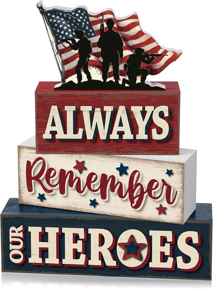 4 Pcs Memorial Day Table Decor Patriotic Always Remember Our Heroes Wooden Sign Fourth of July Tiered Tray Decor Red White Blue Table Centerpiece for Home Office Desk Shelf Mantel Decorations