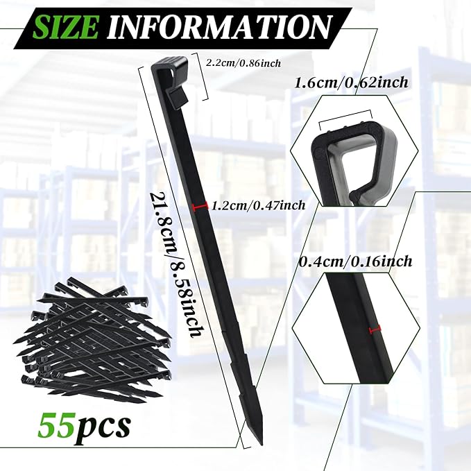 55 Pcs Landscape Edging Anchor Stakes, 8.5 in Heavy Duty Plastic Garden Stakes, Black Garden Anchoring Spikes for Yard, Edgings Garden Lawn, Fence Barrier