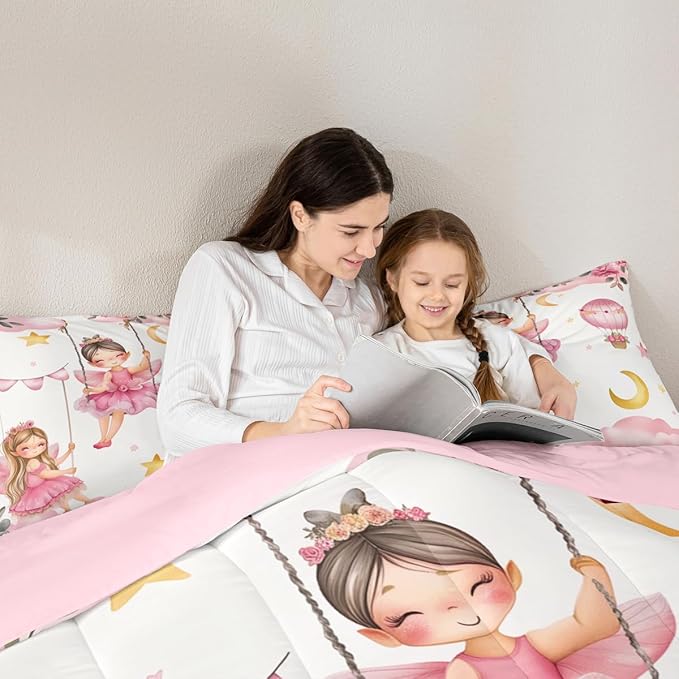 Erosebridal Pink Fairy Floral King Bedding Set - Cute Fairies Comforter Set for Girls Kids, Moon and Stars Quilt | Flower & Butterfly Kawaii Bedroom Decor with 2 Pillowcases