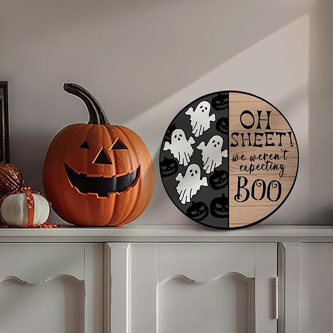 Halloween Spooky Ghost Door Sign for Front Door Horror Boo Pumpkins Door Wall Hangers Welcome Wooden Hanging Sign for Home Party Outdoor Decorations