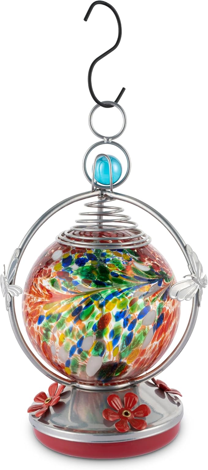 Backyard Expressions Glass Hummingbird Feeder - Red - Hummingbird Feeders for Outdoors Hanging, Hand Blown Glass Hummingbird Feeder with Spiral Pattern