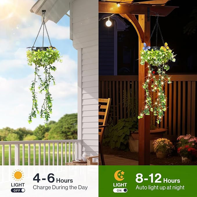 Solar Hanging Garden Lights, 2 Pack 66 LEDs Realistic Flower Vine Fairy String Lights, IP65 Waterproof Outdoor for Garden, Patio, Fence Decor, 8-12 Hrs Auto Lighting