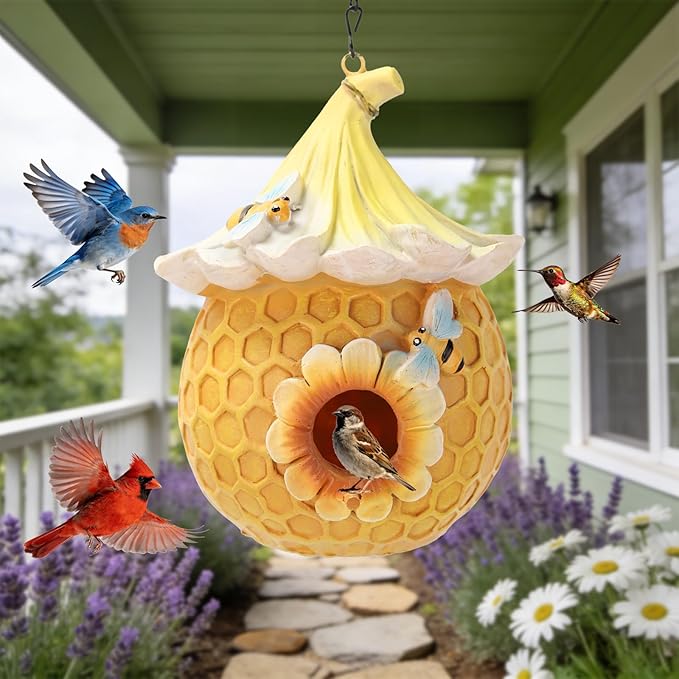 Bird Houses for Outside Pink Cottage Resin Birdhouse, Garden Outdoor Decor Bird House with Flower and Bees, Birdhouses for Outdoors for Bluebird Finches Cardinals