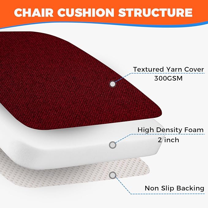 Chair Cushions for Dining Chairs, D-Shaped Seat Cushions with Removable Washable Cover and Ties, Chair Pads for Kitchen, Indoor Dining Room, Patio Chairs, 17'' x 16'', Set of 6, Red