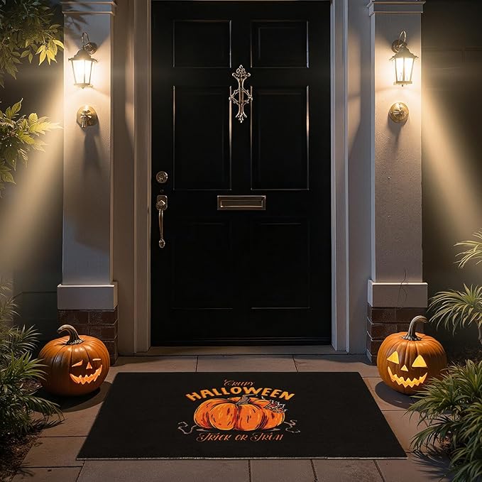Pumpkin Front Door Mat Indoor Outside Entrance, Heavy Duty Dirt Trapper Doormat with Non Slip Backing Entryway Mat for Front Back Door, 17'' x 30'', Pumpkin Black