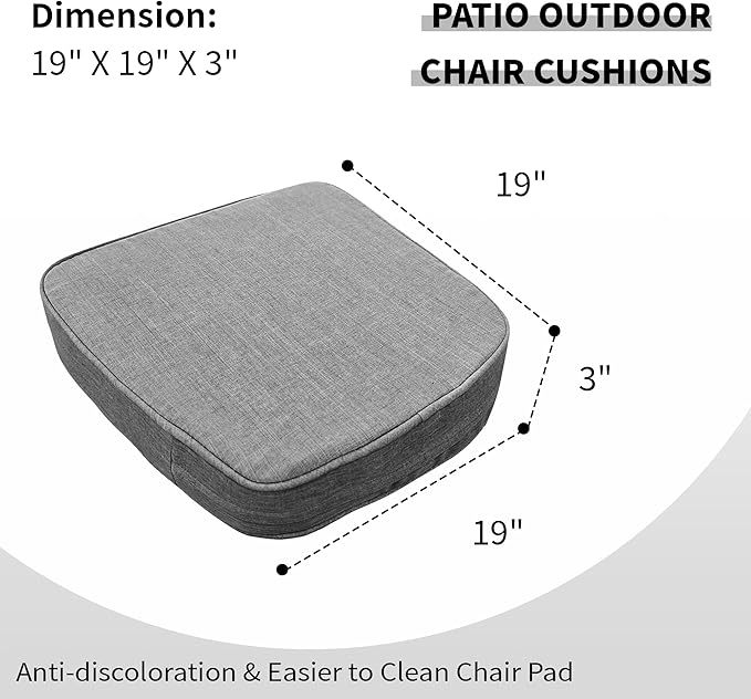 19"x 19"x 3" Patio Chair Cushions Set of 2, Waterproof Outdoor Chair Cushions, Patio Seat Cushion with Adjustable Ties, Light Grey
