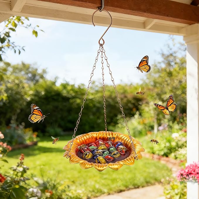 Bee Feeder with Vivid Sunflower Design - Anti-Rust Iron Bee Watering Station for Feeding, Colorful Butterfly Bath Bowl Cup with 15 Glass Marbles for Outdoor Yard Garden Decor Gifts (Gold)