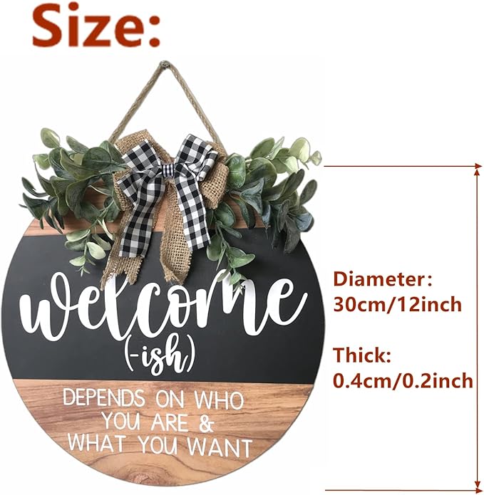 Welcome Door Sign Rustic Home Decor for Front Door Porch Decor Farmhouse Wreath Wall Decor with Eucalyptus Wreath & Buffalo Bow Seasonal Wooden Front Door Wreaths for Home Wall Decor