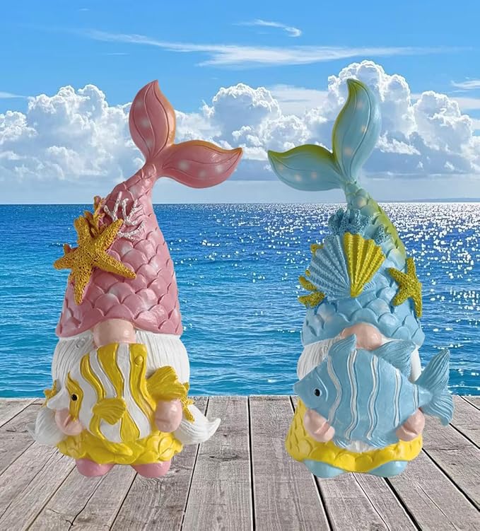 Mermaid Fairy Gnome Sea Star Shell Statue 2psc, Summer Beach Gnomes Figurine Elf Ornaments for Garden Outdoor Indoor Decoration