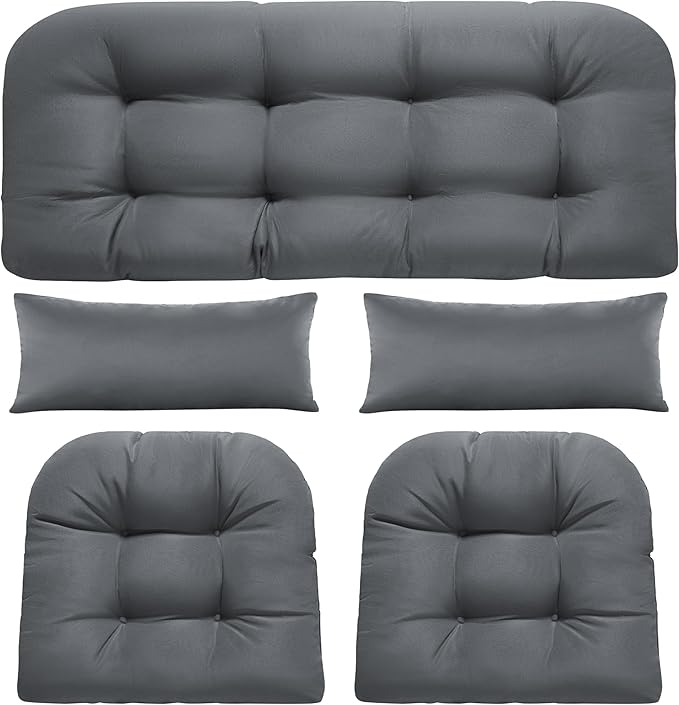Wicker Chair Cushions of 5 Pieces, Waterproof Outdoor Loveseat Cushion for Wicker Furniture, 1 Love Seat Cushion, 2 U-Shape and 2 Lumbar Pillows for Patio Furniture (Grey)