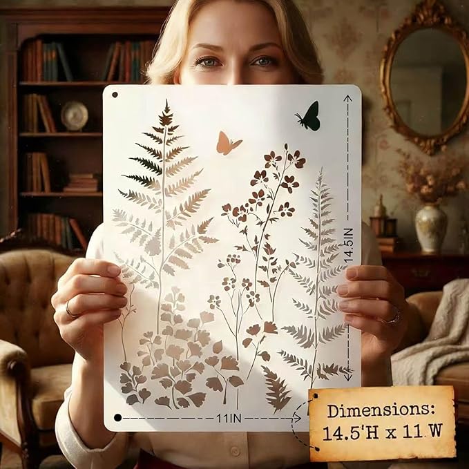 Botanical Wall Stencil Kit for Painting - Large Reusable Plastic Fern, Leaf & Flower Templates, 6 Pack DIY Seamless Stencils for Crafts, Canvas & Home DéCor Art
