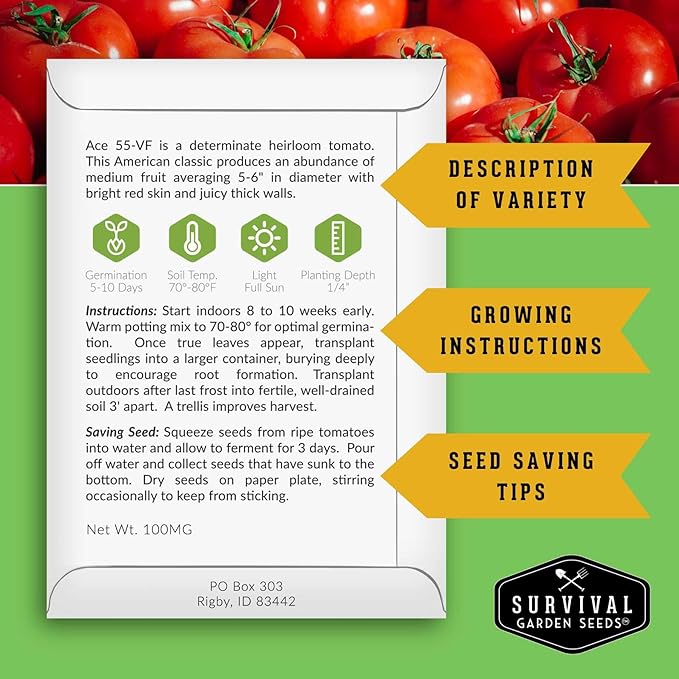Tomato Seeds 10 Variety Pack for Planting - Cherokee Purple, Roma, Cherry, Aunt Ruby's Green, Hillbilly, Mortgage Lifter, Brandywine, & More - Non-GMO Heirloom Tomatoes - Survival Garden Seeds