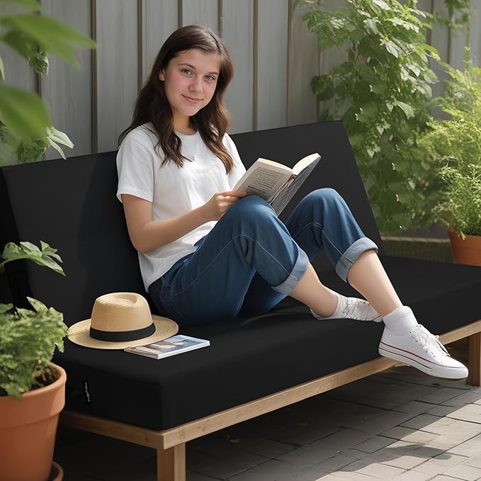 idee-home Outdoor Bench Cushion Waterproof, Bench Cushions for Outdoor Furniture, Patio Porch Swing Replacement Seat Pad with Ties for Garden Backyard, 45 x 18 Inch Black