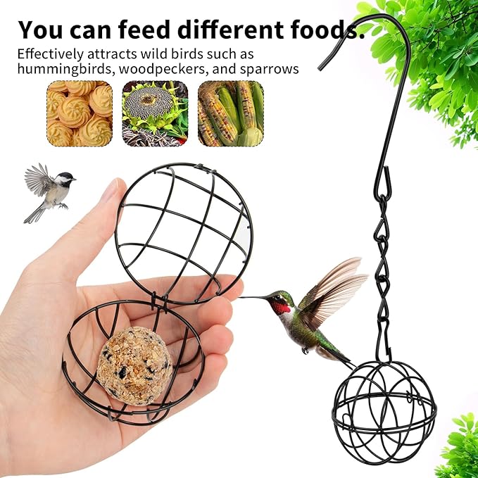 8 Pcs Black Metal Hummingbird Feeders - Squirrel Proof Round Suet Ball Feeders for Outdoor Hanging, Bird Watching Gifts for Wild Birds Garden Window