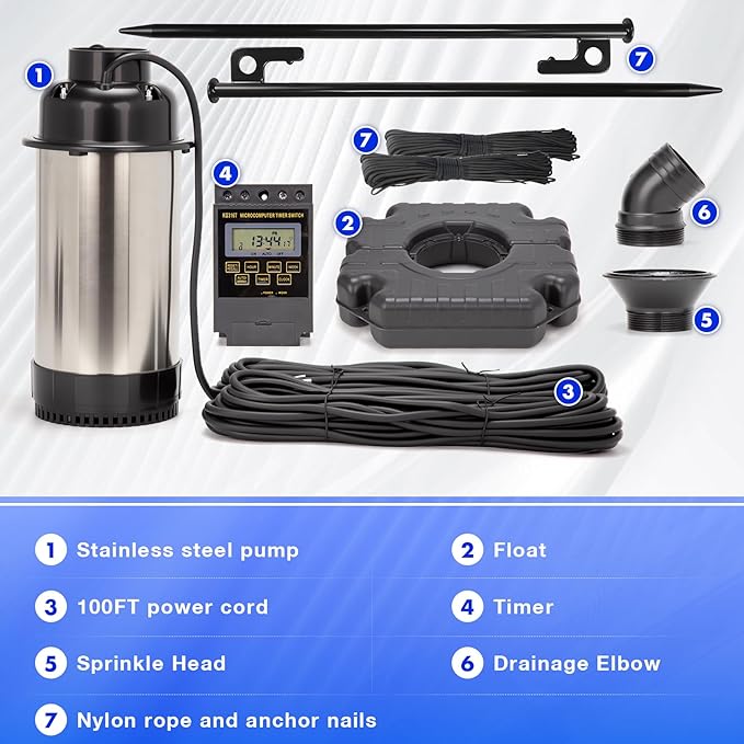 Stainless Steel Metal Pond Fountain Aerator, 1HP 110V 15000 GPH Fountain Pump, 100 FT Power Cord, Automatic Aerating Fountain Pump with Programmable Timer for Outdoor Large Ponds & Lakes