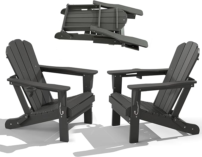 Domi Folding Adirondack Chairs Set of 2, HDPE All-Weather Outdoor Chairs with Cup Holder, Wooden Textured Fire Pit Chairs for Backyard, Patio, Poolside & Deck, Grey
