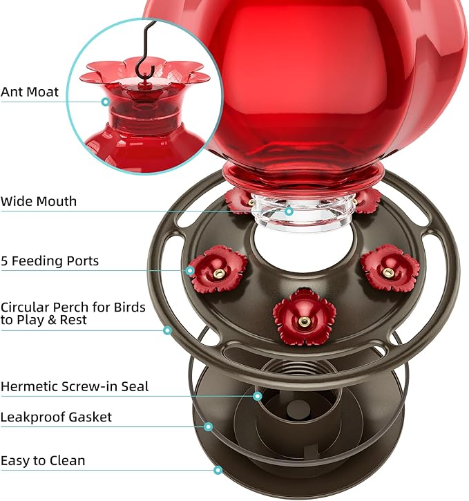 Auslar Hummingbird Feeder, Red Glass Hummingbird Feeders for Outdoors Hanging with Ant Moat, 5 Simulation Flowers Feeding Ports, 23 Ounces, Rustproof, Fade Proof, Pomegranate Shape, 2 Pack