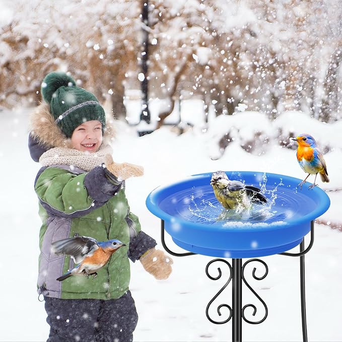 Heated Bird Baths for Outdoors,Large Capacity 100W Thermostat Control Heated Birdbath with 5-Prong Metal Base Water Heated Bird Bath Bowl for Outside Winter Garden Patio Yard Lawn(Blue)