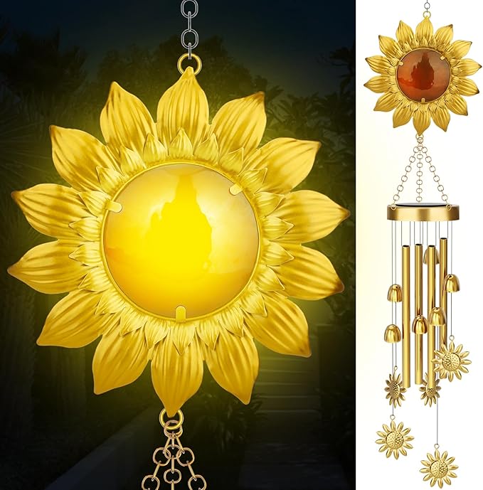 JYPS Solar Wind Chimes with Sunflower LED Lights, 42-Inch Large Waterproof Outdoor Garden Decor for Patio Yard, Unique Gifts for Women Mom Grandma, Mother's Day Christmas Birthday Easy-Install Design