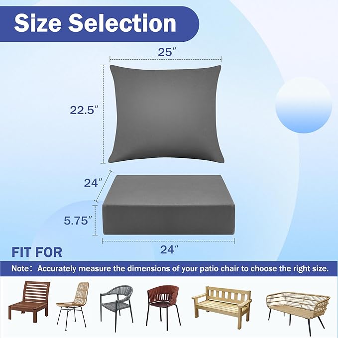 Outdoor Seat Cushion Set, Waterproof & Fade Resistant Patio Chair Cushions, Outdoors Cushion for Patio Furniture, 24 x 24 x 5.75 Inch, Outdoor Couch Cushions with Handle and Ties, Dark Grey