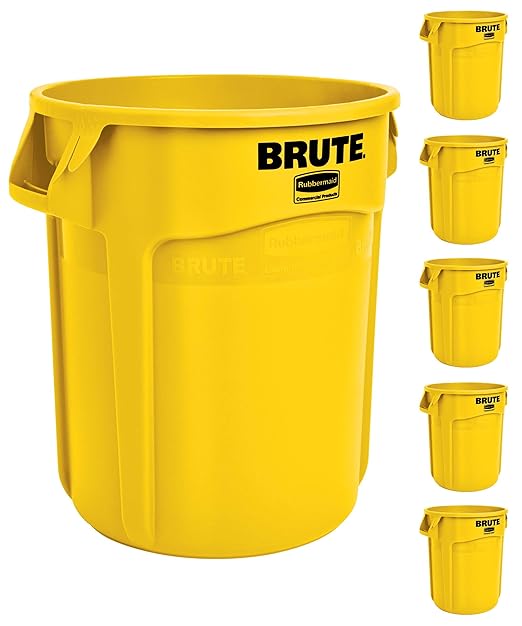 Rubbermaid Commercial Products BRUTE Heavy-Duty Round Trash/Garbage Can, 10-Gallon, Yellow, Outdoor Waste Container for Landscapers/Construction/Restaurants/Back of House/Offices/Warehouses, Pack of 6
