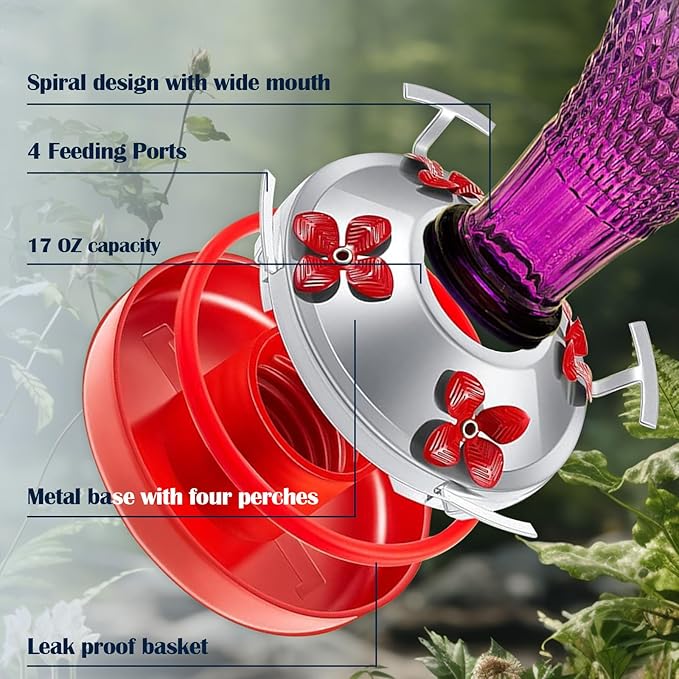 Hummingbird Feeder for Outdoors,17 OZ Glass Humming Bird Feeder for Garden,Backyard Decor,Four Flowers Feeding Ports,Leak Proof,Ant Moat Included,Humming Gifts for Women
