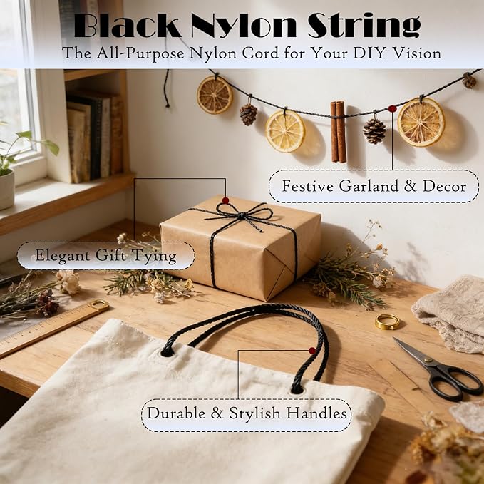 Black Nylon Twine, 350ft 3mm UV Resistant Nylon Cord Twine for Garden, Fishing, Wrapping, Camping and Outdoor Survival, Netting Home Improvement