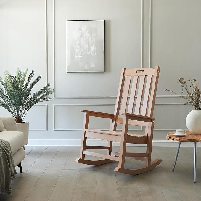 Psilvam Oversized Outdoor Rocking Chair Set of 2, Porch Rocker with 21" Wide Seat and 32" Tall Backrest, Pre-Assembled with Most Components for Effortless Installation (Teak Color)