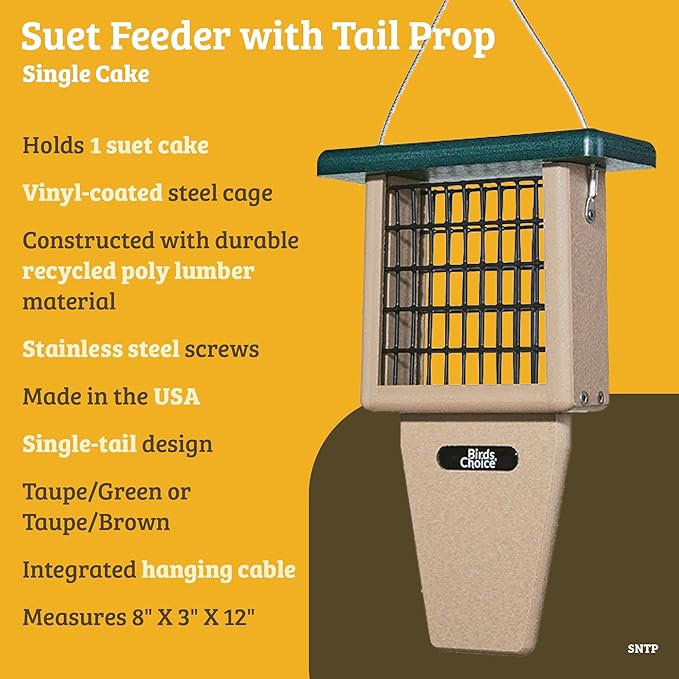 Birds Choice Suet Feeder with Tail Prop, Holds 1 Suet Cake | Hanging Suet Bird Feeder with Roof, Woodpeckers, Jays, Nuthatches | Sturdy for Garden & Backyard | Taupe & Green, 8" L x 3" W x 12" H