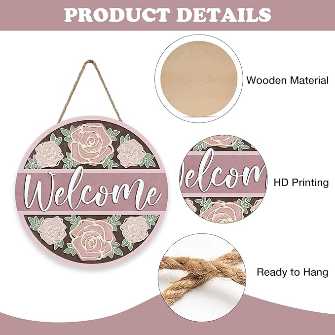 Welcome Pink Rose Flower Front Door Sign, Floral Wood Hanger Outdoor Outside Porch Home Decor, Spring Summer Wooden Wreath Indoor Wall Hanging Decoration