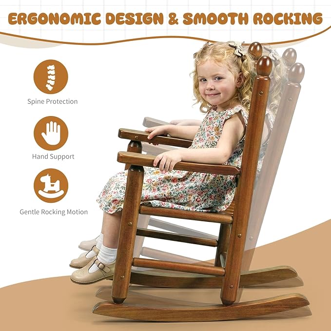 Outvita Kids Rocking Chair, Ergonomic Sturdy Toddler Rocking Chair with High Backrest & Rounded Armrests, Safe Solid Wood Baby Rocker Chair for Age 3-6, Outdoor, Living Room, Reading Room(Brown)