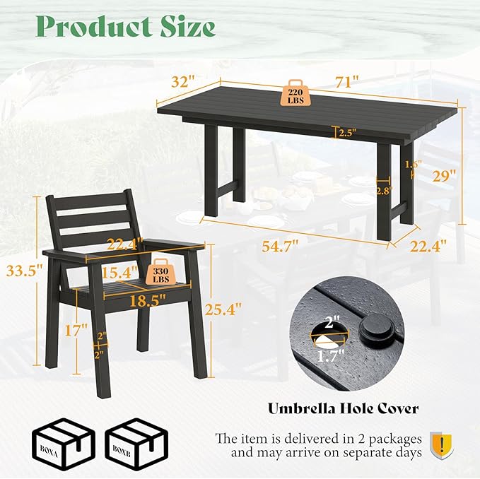 AMERLIFE 7-Piece HDPE Outdoor Dining Set with Umbrella Hole, 71" L Patio Table and Chairs Set for 6, Modern Garden Dining Set for Backyard, Poolside, Porch, Black