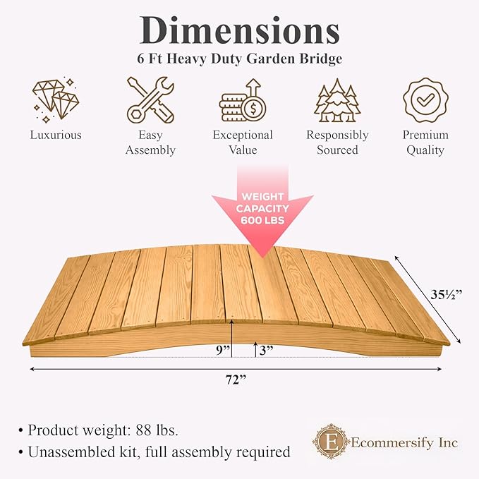 6 FT Oak Amish Made Pinewood Heavy Duty Garden Bridge for Walkway, Backyard Pond & Landscaping, Outdoor Wooden Footbridge for Koi Pond, Japanese Style Decorative Bridge, Made in USA