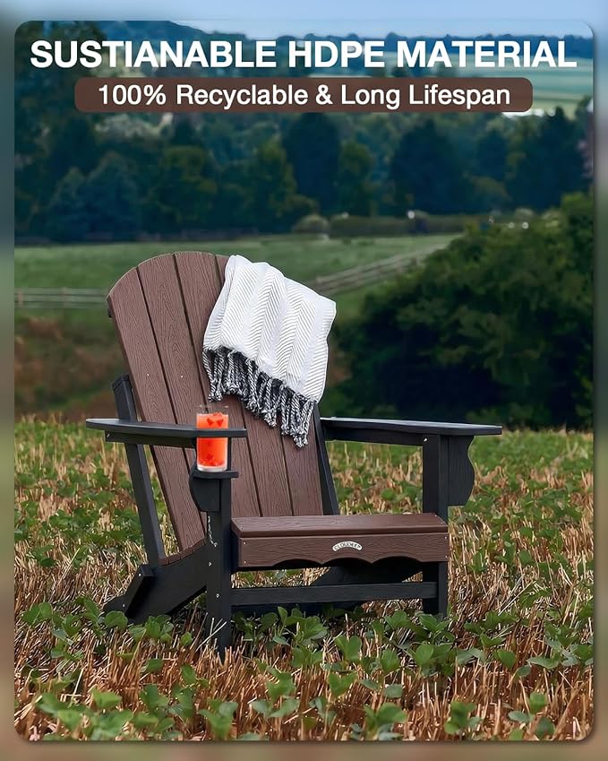 Folding Adirondack Chair –Recyclable HDPE Outdoor Adirondack Patio Chair with Cup Holder, Wood Texture & Umbrella Hole, 25-Year Fade-Free All Weather for Fire Pit, Porch, Poolside, Deck, Brown & Black