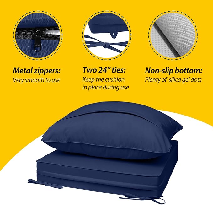 AAAAAcessories Outdoor Seat Cushions for Chairs, Fade-Resistant, Waterproof Patio Furniture Replacement Cushions, 20" x 18" x 3" + 20" x 17", Set of 4, Navy Blue