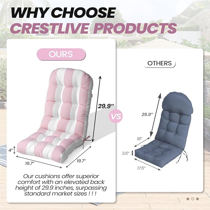 Crestlive 50x20x4 Inch Adirondack Chair Cushion Outdoor Rocking Chair Cushions Water Resistant High Back Patio Chair Cushions Set of 2 Thick Patio Replacement Cushion Pink Stripe