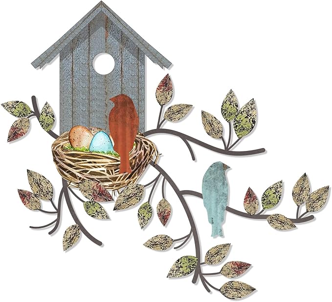 Peryiter Birds Wall Metal Decor for Outdoor Art Hanging Metal Tree with Birdhouse for Living Room Tree Leaf Wall Decor for Indoor Outdoor Garden(Brown, Blue)