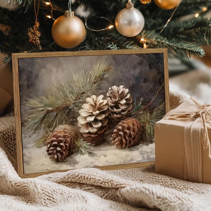 Framed Vintage Christmas Canvas Wall Art, Pine Cones Wall Decor Paintings, Winter Holiday Aesthetic Pictures Prints Rustic Home Decor for Living Room Bedroom Farmhouse 12×16 inch