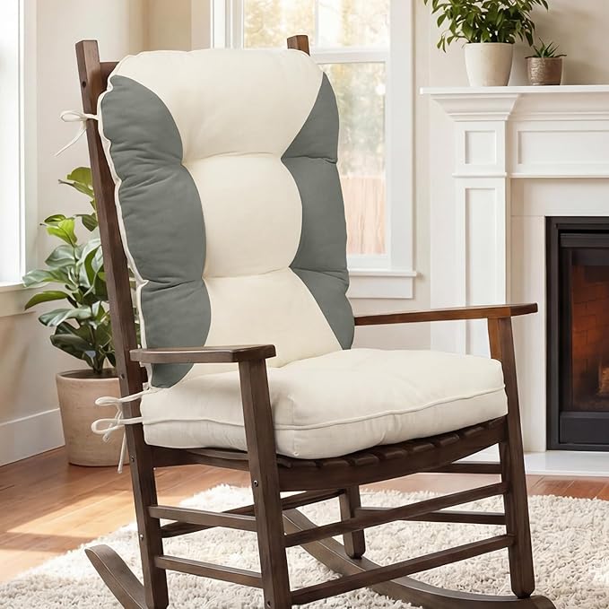mudilun Rocking Chair Cushion Non-Slip Indoor Adirondack Chair Cushions with Ties Tufted Adirondack Chair Pads for Bedroom Living Room Porch Rocker (Indoor-Gray-White)