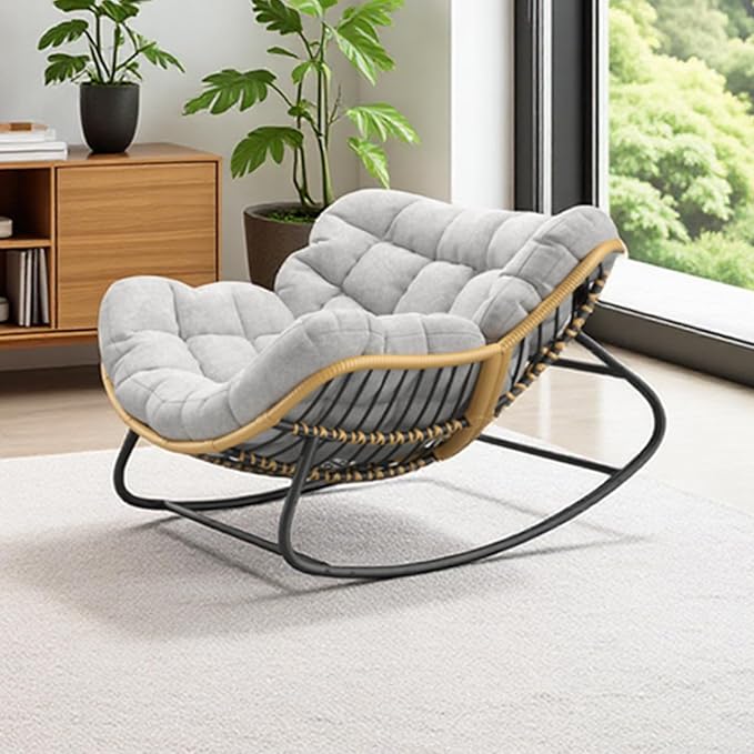 Oversized Rocking Chair,Outdoor/Indoor Patio Papasan Rocker with Thick Cushion, Rattan Wicker Lounge Egg Chair for Bedroom, Living Room, Porch, Garden Backyard-Grey
